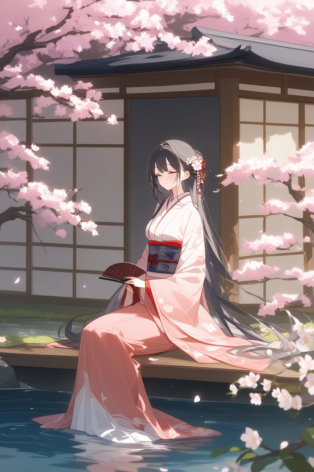 A Japanese woman in traditional kimono sits by a pond in a tranquil Japanese garden. The background includes cherry blossom trees and weeping willows under the eaves. She holds a folding fan, with the breeze gently blowing her long hair, exuding serenity and elegance. The composition uses a medium shot to highlight the woman's elegance and tranquility, with the cherry blossoms and willows adding natural beauty.