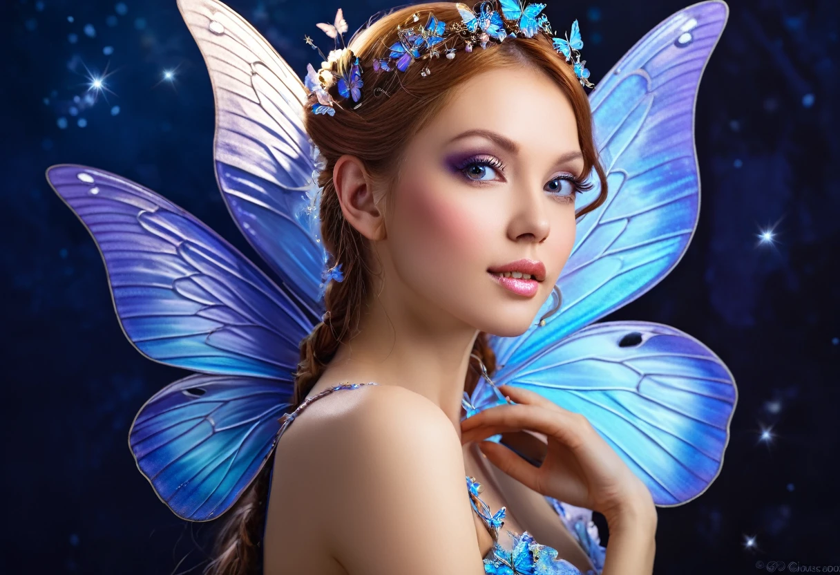 Close-up of a woman with a butterfly on her shoulder, Beautiful fairy, beautiful adult fairy, Beautiful fairy, beautiful adult Fairy Queen, Beautiful fairys, Fairy portrait, Star Fairy, Fairy portrait, Beautiful fantasy maiden, Fantasy Beautiful, Beautifully detailed fantasy, Fairy Queen, Wonderful like a fairy, Beautiful fairyの魔術師, Beautiful maiden, Heavenly Beauty