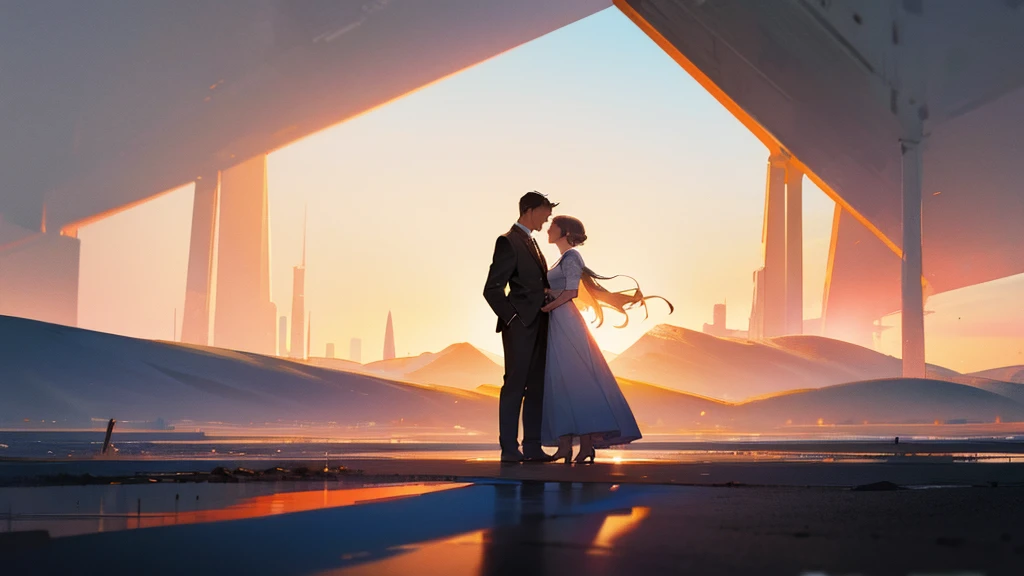 The shadows of a man and woman standing close together in the distance