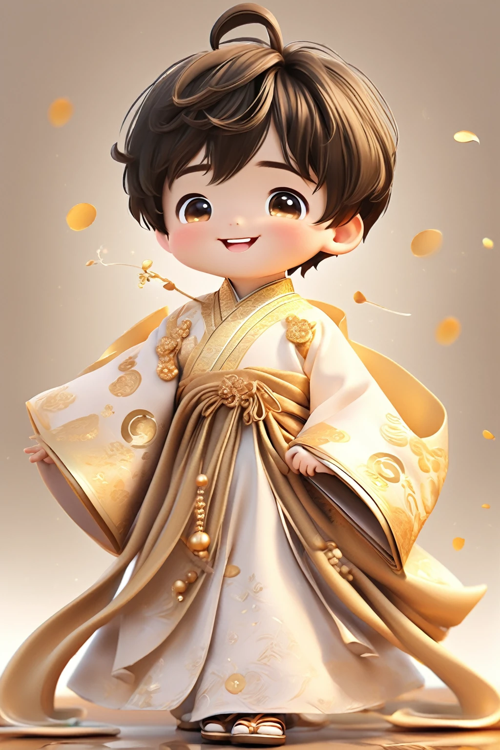 ********** wearing golden hanfu，smiling, Cute numbers, Cute numbers艺术, Beautifully detailed digital art, Cute kawaii boy, Lovely characters, Cute anime boy, Sweet laugh, Realistic cute boy, Beautiful character painting, Lovely characters, Lovely portrait, Cute expression, Kawaii realistic portrait, Happy expression, Gentle and happy smile, smiling的男孩，Super Realism