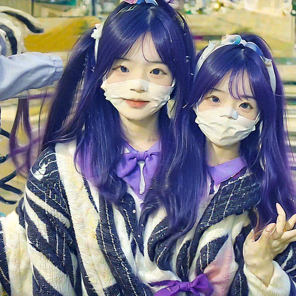 ((カスタムEye mask)), ((Patterned mask)), ((patterned Eye mask)), string hair ribbon, Purple Hair, ((Realistic)), ((Photorealism)), ((photoRealistic)), ((Cosplay)), ((Real Life)), One girl, alone, close your eyes, Black Hair, Multicolored Hair, blush, Fur trim, fur-trimmed coat, smile, coat, Purple Hair, Long Hair, ((Eye mask)), bangs, Mouth closed, bow, Flying Sweat, white coat, ribbon, bandage, Two-tone hair, Upper Body, white bow, hair ornaments