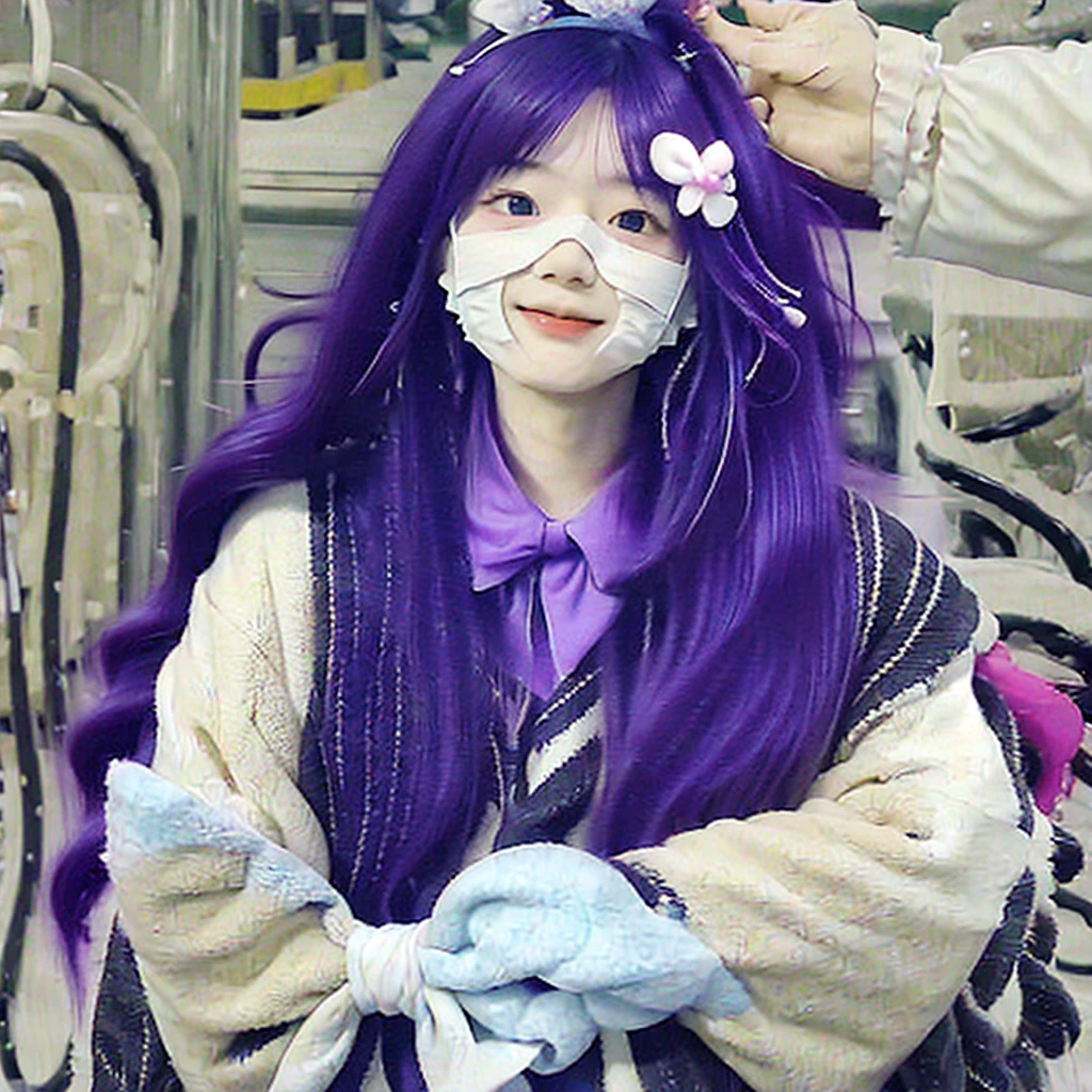 ((カスタムEye mask)), ((Patterned mask)), ((patterned Eye mask)), string hair ribbon, Purple Hair, ((Realistic)), ((Photorealism)), ((photoRealistic)), ((Cosplay)), ((Real Life)), One girl, alone, close your eyes, Black Hair, Multicolored Hair, blush, Fur trim, fur-trimmed coat, smile, coat, Purple Hair, Long Hair, ((Eye mask)), bangs, Mouth closed, bow, Flying Sweat, white coat, ribbon, bandage, Two-tone hair, Upper Body, white bow, hair ornaments