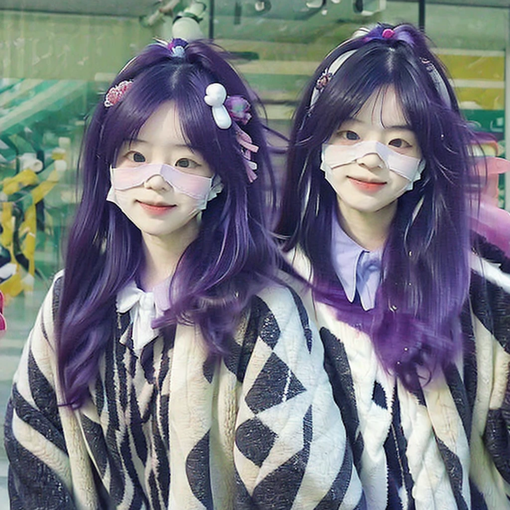 ((カスタムEye mask)), ((Patterned mask)), ((patterned Eye mask)), string hair ribbon, Purple Hair, ((Realistic)), ((Photorealism)), ((photoRealistic)), ((Cosplay)), ((Real Life)), One girl, alone, close your eyes, Black Hair, Multicolored Hair, blush, Fur trim, fur-trimmed coat, smile, coat, Purple Hair, Long Hair, ((Eye mask)), bangs, Mouth closed, bow, Flying Sweat, white coat, ribbon, bandage, Two-tone hair, Upper Body, white bow, hair ornaments