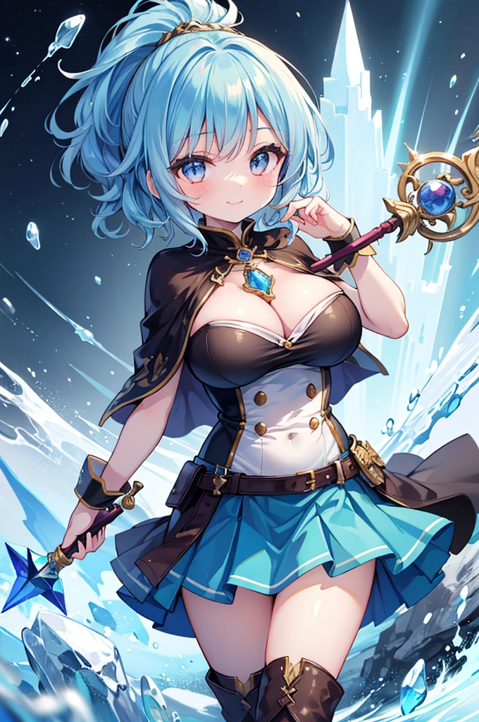 Fantasy,((Masterpiece)),((high resolution)),((Best Quality)),Anime illustration,((1girl)),(wavy hair),(short hair),(pale blue hair color),small ponytail,headband,Indigo eyes,(Big round eyes),((tareme)),12 years old,((baby face)),(((very big breasts))),Short stature,Young,(loli),,ice wizard,sleeveless white blouse,Blue mini skirt,slit,Brown corset,brown capelet,smile,,Brown long boots,wizard's wand with blue gem,