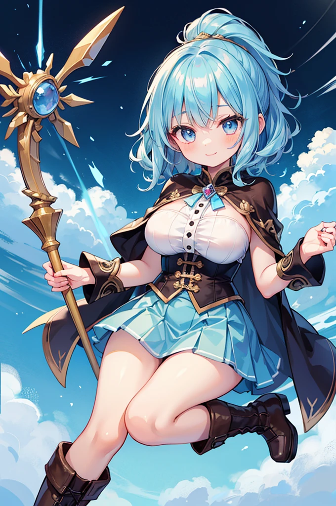 Fantasy,((Masterpiece)),((high resolution)),((Best Quality)),Anime illustration,((1girl)),(wavy hair),(short hair),(pale blue hair color),small ponytail,headband,Indigo eyes,(Big round eyes),((tareme)),12 years old,((baby face)),(((very big breasts))),Short stature,Young,(loli),,ice wizard,sleeveless white blouse,Blue mini skirt,slit,Brown corset,brown capelet,smile,,Brown long boots,wizard's wand with blue gem,