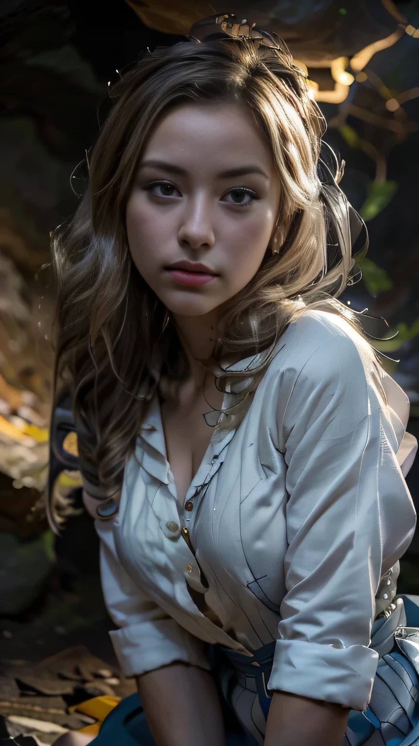 (Surreal), (picture), (High resolution), (In 8K), (Very detailed), (Best Illustration Photos), (Beautiful and fine details), (Highest quality), (Ultra-detailed), (masterpiece), (wallpaper), (Detailed face), solo, One Girl, Blonde Wavy Hair, Korean Beauty,Black Eyes, ((A loose-fitting blue and yellow checked maid outfit)), Long legs, Toned Abs, stockings、((In a dark cave))、(Pause_random)、(Upper body portrait)