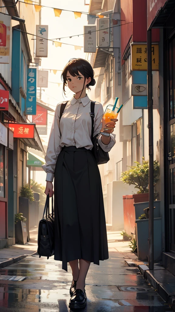 Drinks water and stands on the street