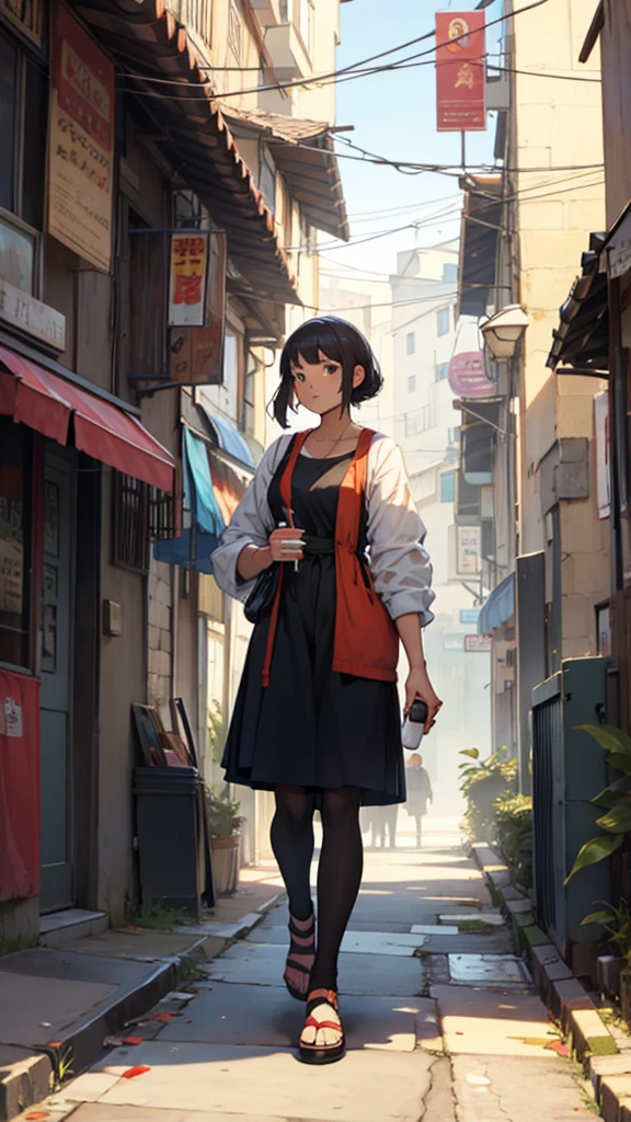 Drinks water and stands on the street