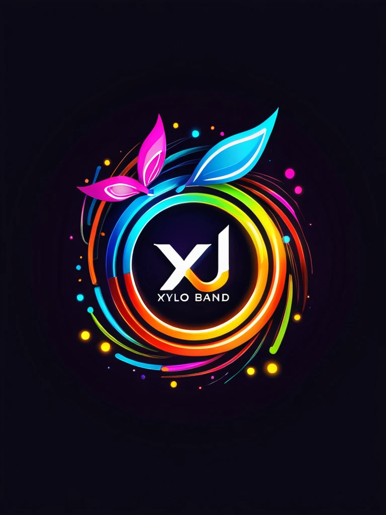 Create a logo for "Xylo Band" that incorporates lots of vibrant colors and elements related to lights. The design should feature abstract representations of xylophone keys intertwined with neon light streaks or beams. Use a variety of bold and contrasting colors to create a lively and dynamic appearance. The background should be dark to enhance the glowing effect of the lights. Ensure the overall composition is modern and eye-catching, reflecting the energy and creativity of a musical baND. add a fire fly also to the same