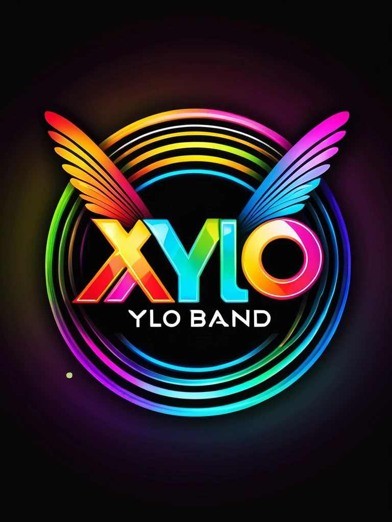 Create a logo for "Xylo Band" that incorporates lots of vibrant colors and elements related to lights. The design should feature abstract representations of xylophone keys intertwined with neon light streaks or beams. Use a variety of bold and contrasting colors to create a lively and dynamic appearance. The background should be dark to enhance the glowing effect of the lights. Ensure the overall composition is modern and eye-catching, reflecting the energy and creativity of a musical baND. add a fire fly also to the same