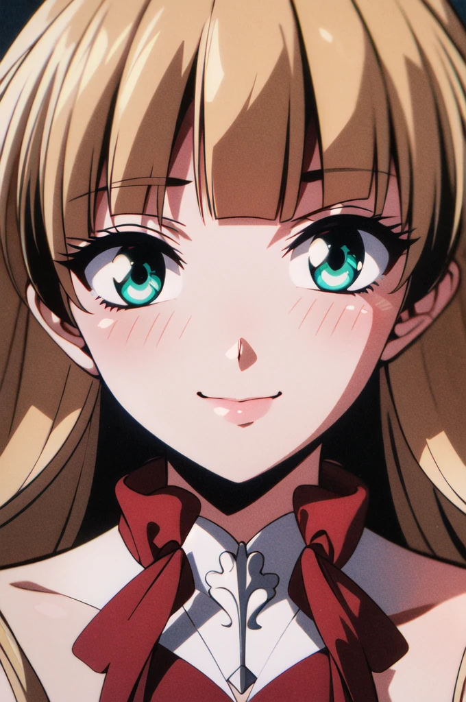 masterpiece,best quality,highres,1girl,solo,animification,1990s \(style\),red ribbon,blunt bangs,green eyes,ringlets, twin drills,blonde hair.lace, large breasts,princess,{{{shaded face,seductive smile}}},
