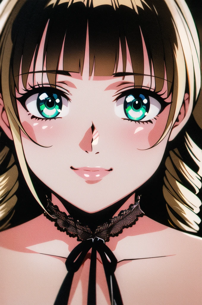masterpiece,best quality,highres,1girl,solo,animification,1990s \(style\),red ribbon,blunt bangs,green eyes,ringlets, twin drills,blonde hair.lace, large breasts,princess,{{{shaded face,seductive smile}}},