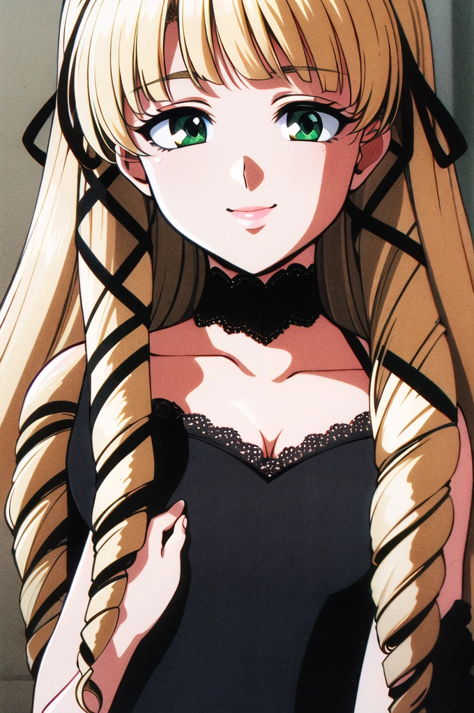 masterpiece,best quality,highres,1girl,solo,animification,1990s \(style\),red ribbon,blunt bangs,green eyes,ringlets, twin drills,blonde hair.lace, large breasts,princess,{{{shaded face,seductive smile}}},