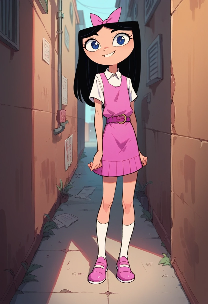 isabella, standing, looking at viewer, smile, pink tight dress, ribbon, black hair, white short sleeves, white socks, alley, pink shoes, belt, blue eyes