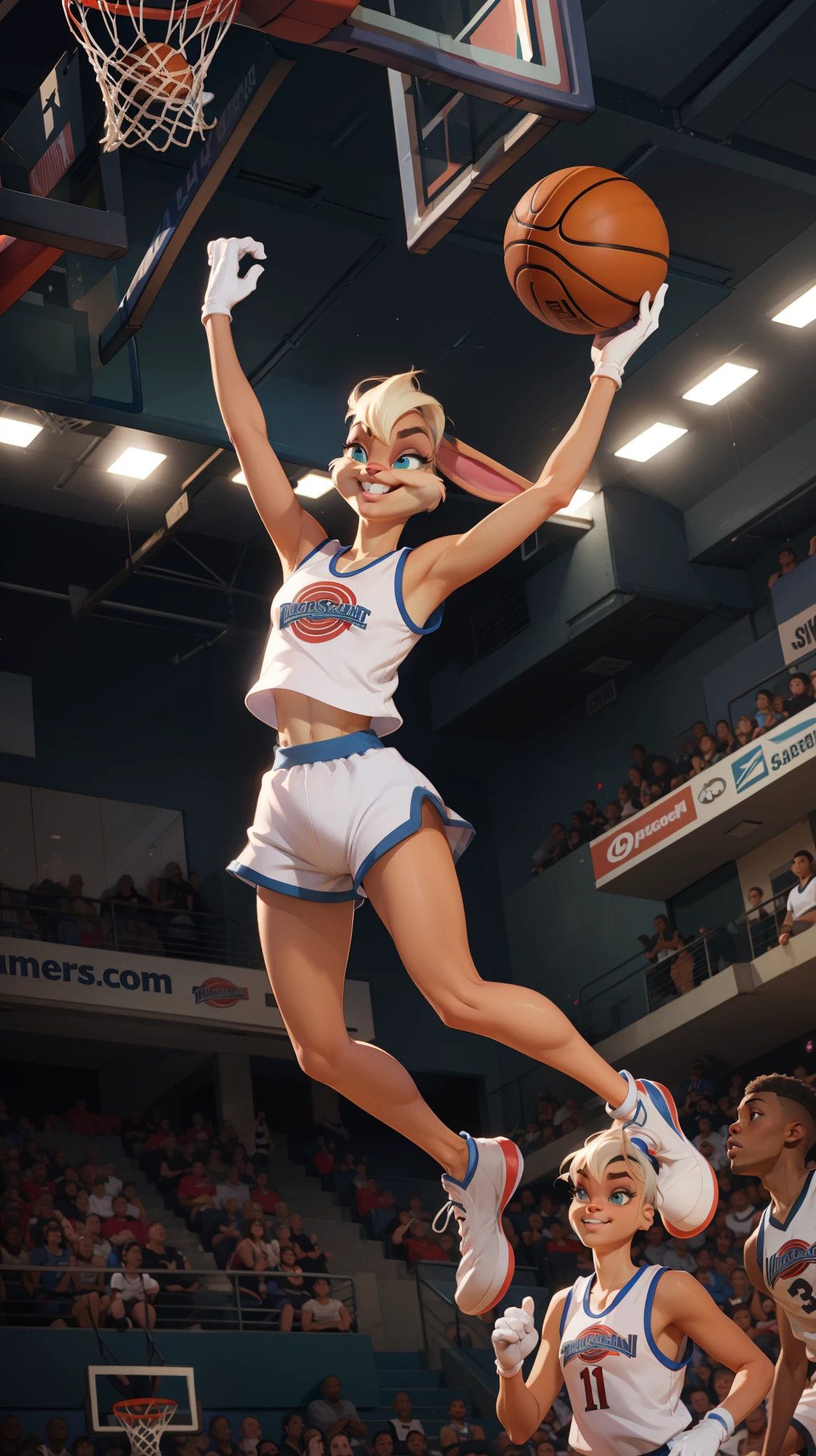 lolabunny, furry, animal nose, white shorts, white gloves, tank top, sportswear, rabbit ears, looking serious, smiling, slam dunk, in air, jumping, inside basketball court, basketball hoop, crowd, bright lighting, high quality, masterpiece, 