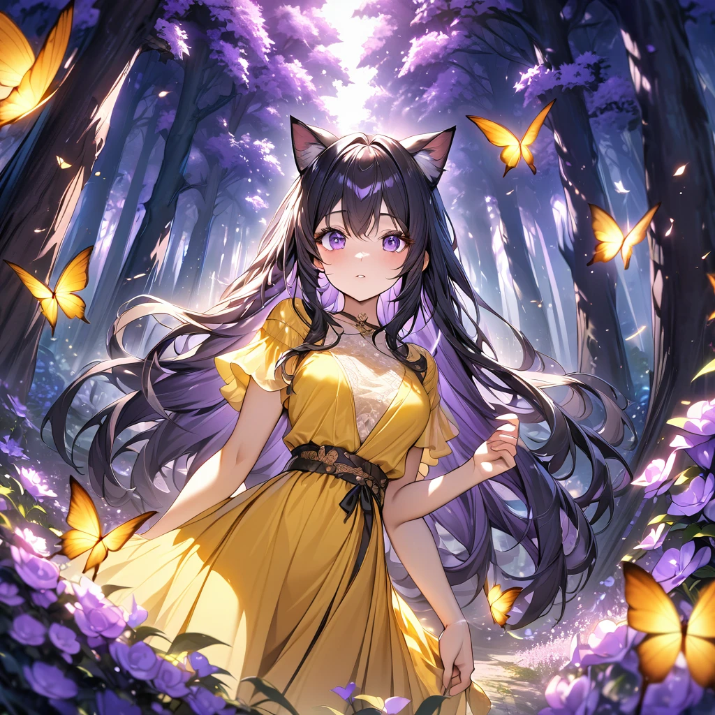 Medium chest, long hair, Girl with yellow midi dress, cat ears, forest,purple dark light, absurdres, highres, ultra detailed, HDR, master piece, best quality, black hair, expressive purple eyes, magical, fantasy, shining, purple flowers, blossoms, yellow butterflies, medium shot, Taking selfies behind him is a guy