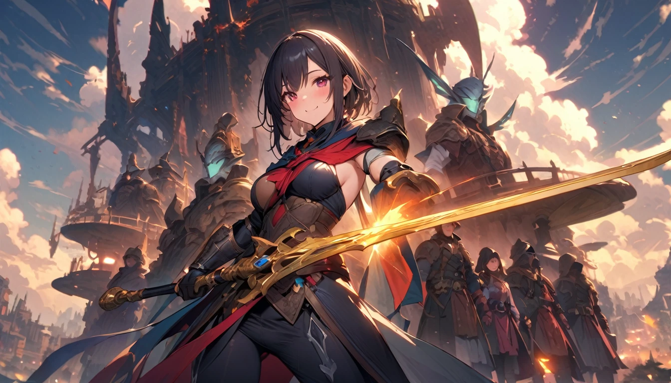 (masterpiece:1.4), (Highest quality:1.4), Very detailed, Complex, Very detailed, shape,Soft lighting, A bustling market in a magical city, More than one personで語り合う, Hopeful Face, smile, More than one person, Mixed gender, a group of adventurers, character from RPG games, (character: human, Fairy, Fairy, Dwarf, The Hobbit), (exterior: Swordsman Style, Shaman Style, Monk Style, Magician style), (belongings: Long sword, dagger, Holy Staff, Magic wand, shield, metal armor, Leather Armor), Perfectly accurate anatomical shape、All limbs intact、Perfect full finger, Colorful characters, さまざまなshapeや大きさの生き物が神秘的なアーティファクトを物々Where to replace, Huge, Majestic, Uplifting expressions, みんなのsmileが素晴らしい.