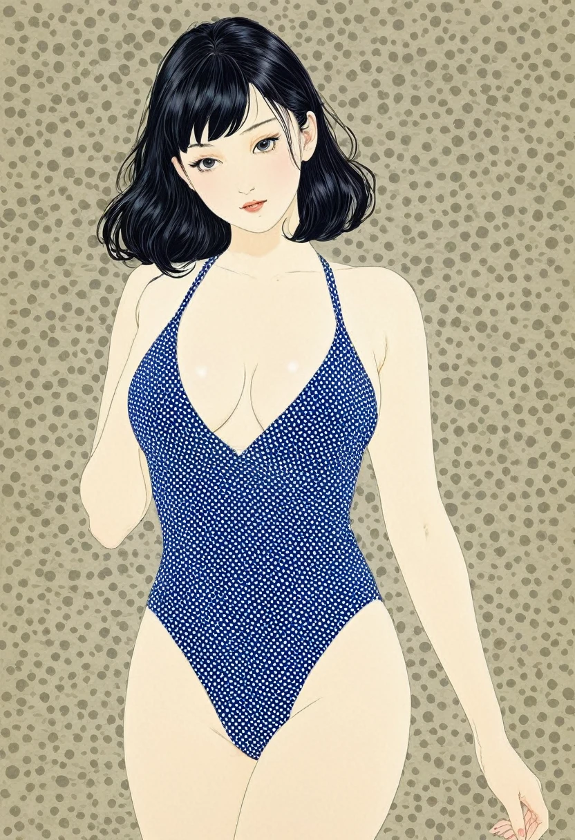 Line art、Vector art,White Polka Dots - Art,(Polka dots:1.3), (Masterpiece, Highest quality),Delicate colors, Super delicate pattern colorful, Highest quality, Cute beautiful girl, 15 years old,(Navy one-piece swimsuit、One piece swimsuit)、Walking with the dog ,White skin、A look of shame、Black Hair、Short bangs、Braid、Brow wrinkles、Black glasses、Big Breasts、Pop Art、(Plump;1.2)From below、Takato Yamamotoスタイル、Art Style:Takato Yamamoto