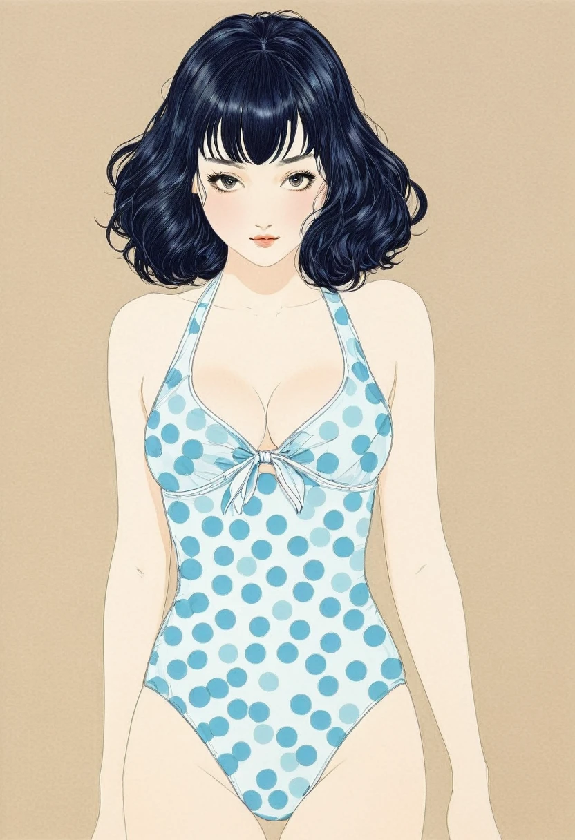 Line art、Vector art,White Polka Dots - Art,(Polka dots:1.3), (Masterpiece, Highest quality),Delicate colors, Super delicate pattern colorful, Highest quality, Cute beautiful girl, 15 years old,(Navy one-piece swimsuit、One piece swimsuit)、Walking with the dog ,White skin、A look of shame、Black Hair、Short bangs、Braid、Brow wrinkles、Black glasses、Big Breasts、Pop Art、(Plump;1.2)From below、Takato Yamamotoスタイル、Art Style:Takato Yamamoto
