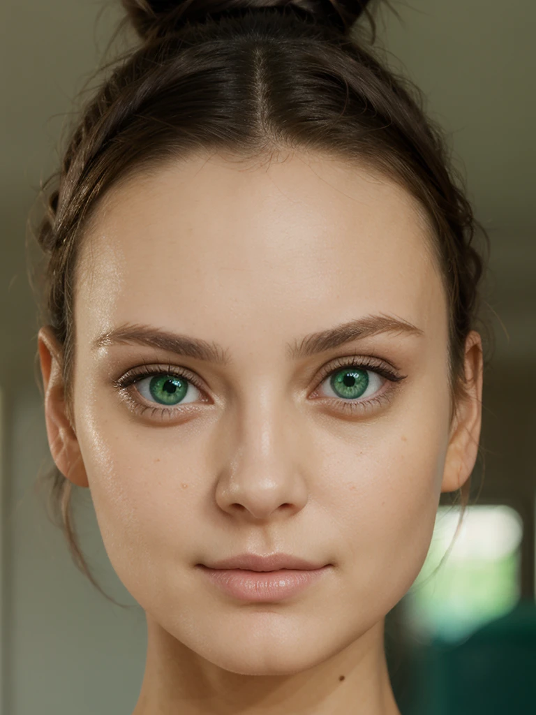 woman, face, front, hairbun, detailed eyes, green eyes, pores