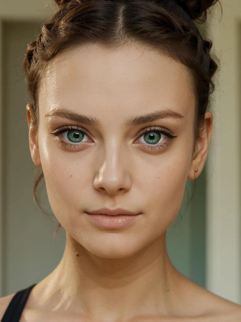 woman, face, front, hairbun, detailed eyes, green eyes, pores