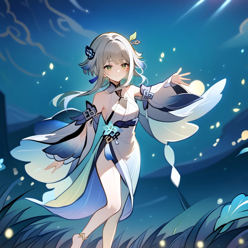 1girl, guizhong_\(genshin_impact\),light grey hair,short_hair_with_long_locks,starry_sky_print,detached_sleeves, long sleeves that drape over hands past fingers,dancing,hanfu,illustrated by matsuryuu and agahari and dsmile,pale green-grey eyes,stunning field of softly glowing blue and white glaze lilies,night scene,gentle smile,moonlight,glossy lips,soft anime coloring,cel shading,smooth, soft dreamy focus,anklet,halter_top,white clothes,highly detailed,digital painting,field of flowers,bare_shoulders,mihoyo,barefoot,cool night tones, magical night scene,masterpiece, best quality, film, bokeh, multicolored light particles,professional, 4k, highly detailed,fireflies,Guardian nebula of rainbow light and silvery vapor,ai-generated,goddess of stardust,realistic:.25
