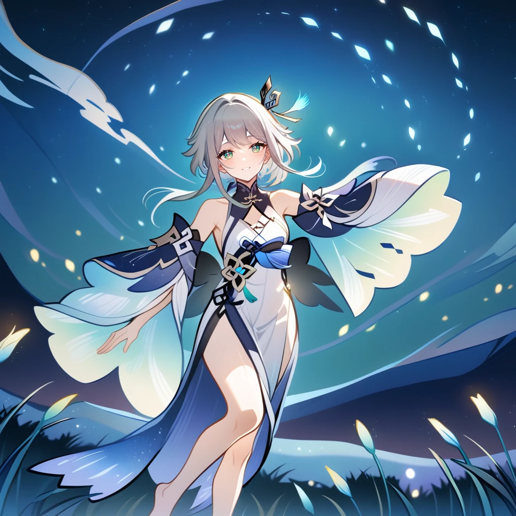 1girl, guizhong_\(genshin_impact\),light grey hair,short_hair_with_long_locks,starry_sky_print,detached_sleeves, long sleeves that drape over hands past fingers,dancing,hanfu,illustrated by matsuryuu and agahari and dsmile,pale green-grey eyes,stunning field of softly glowing blue and white glaze lilies,night scene,gentle smile,moonlight,glossy lips,soft anime coloring,cel shading,smooth, soft dreamy focus,anklet,halter_top,white clothes,highly detailed,digital painting,field of flowers,bare_shoulders,mihoyo,barefoot,cool night tones, magical night scene,masterpiece, best quality, film, bokeh, multicolored light particles,professional, 4k, highly detailed,fireflies,Guardian nebula of rainbow light and silvery vapor,ai-generated,goddess of stardust,realistic:.25