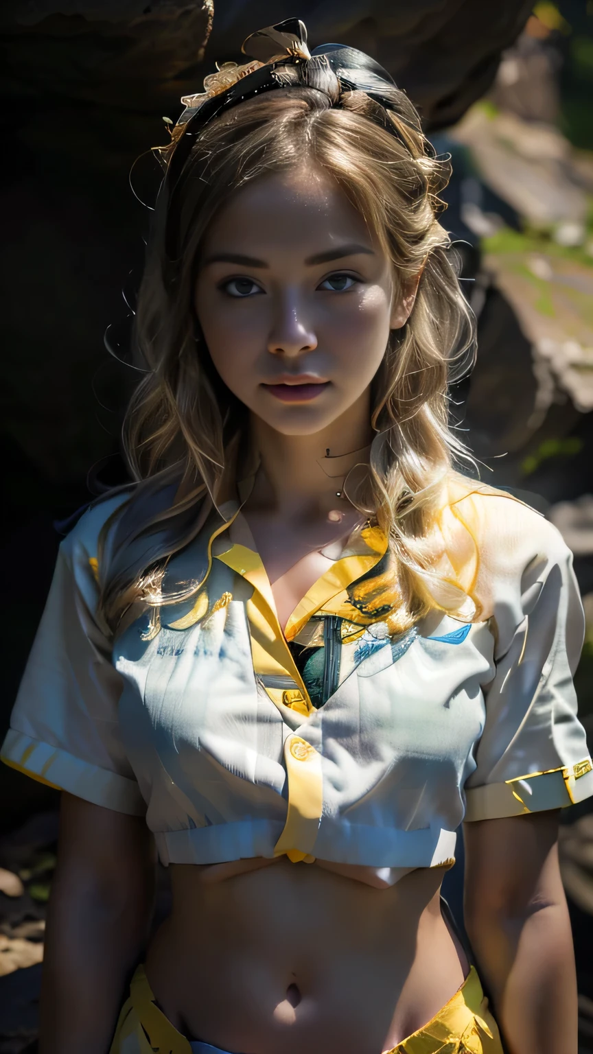 (Surreal), (picture), (High resolution), (In 8K), (Very detailed), (Best Illustration Photos), (Beautiful and fine details), (Highest quality), (Ultra-detailed), (masterpiece), (wallpaper), (Detailed face), solo, One Girl, Blonde Wavy Hair, Korean Beauty,Black Eyes, ((A loose-fitting blue and yellow checked maid outfit)), Long legs, Toned Abs, stockings、((In a dark cave))、(Pause＿random)､(Upper body portrait)