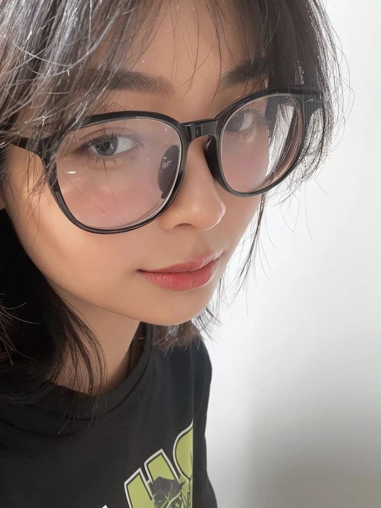 there is a woman with glasses and a black shirt posing for a picture, wearing thin large round glasses, wearing black rimmed glasses, wearing square glasses, with square glasses, With glasses, wearing black rimmed glasses, headshot profile picture, wearing small round glasses, halfbody headshot, wearing big black circle glasses, thick glasses, eye glass, wenfei ye