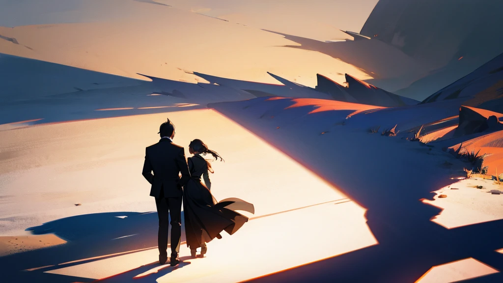 The shadows of a man and woman standing close together in the distance