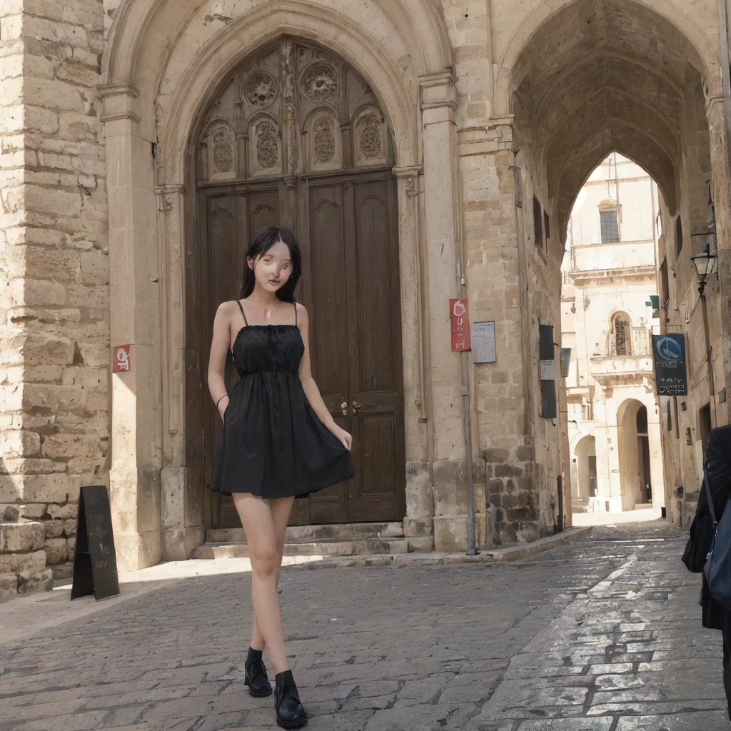a woman wearing a black dress, in front of the Cathedral of Matera