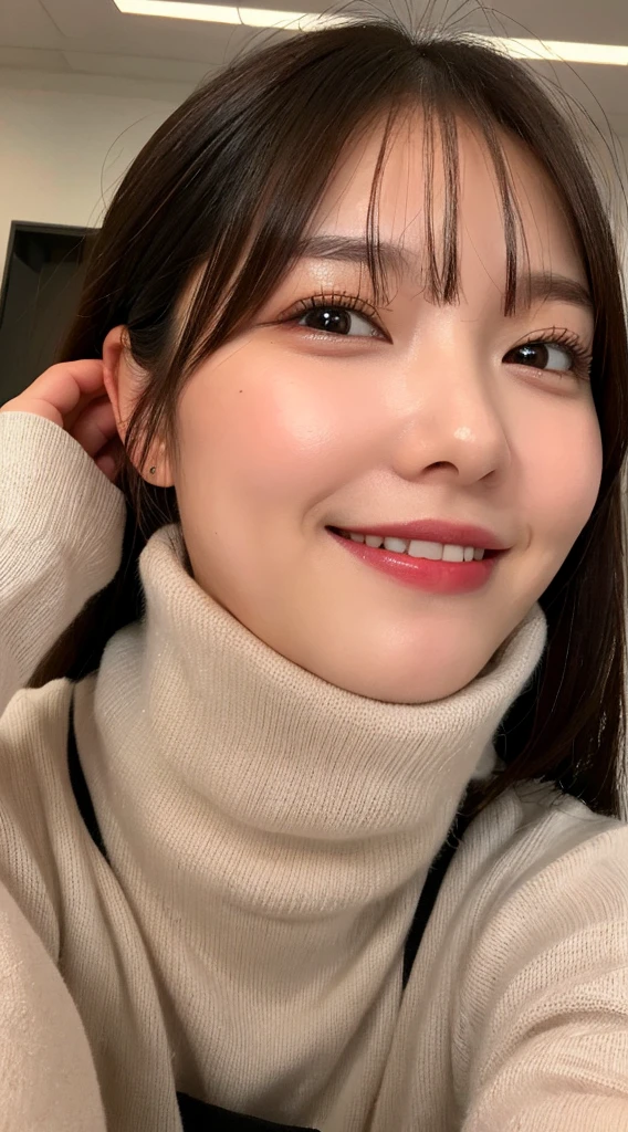Highest quality,Very detailed,finely,High resolution,8k wallpaper,Perfect dynamic composition,office lady,whole body,Are standing,knit,turtleneck,stockings,Hair loss,finelyて美しい目,Natural Lip,(Very huge face bigger breasts:1.3),smile,