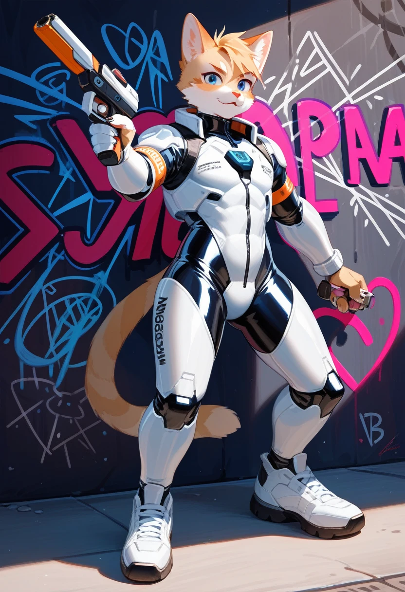 animation, Highest quality, Highest quality, High quality illustrations, masterpiece, Ultra-high resolution, Detailed Background, cyber cafe, Graffiti art on the wall, Absurd, Perfect Anatomy, performance, Good lighting, Shadows in the movies(kemono, Furry PersonifiCation), Cat, Blueskin, White Rubber Suit, latex, neon, neonライト, neonカラー, Bodysuits, Cyber Suit, Mech Suit, Rubber Half Jacket, cyber punk, Blade Runner, He has a gun in his right hand, Holding a blade in his left hand