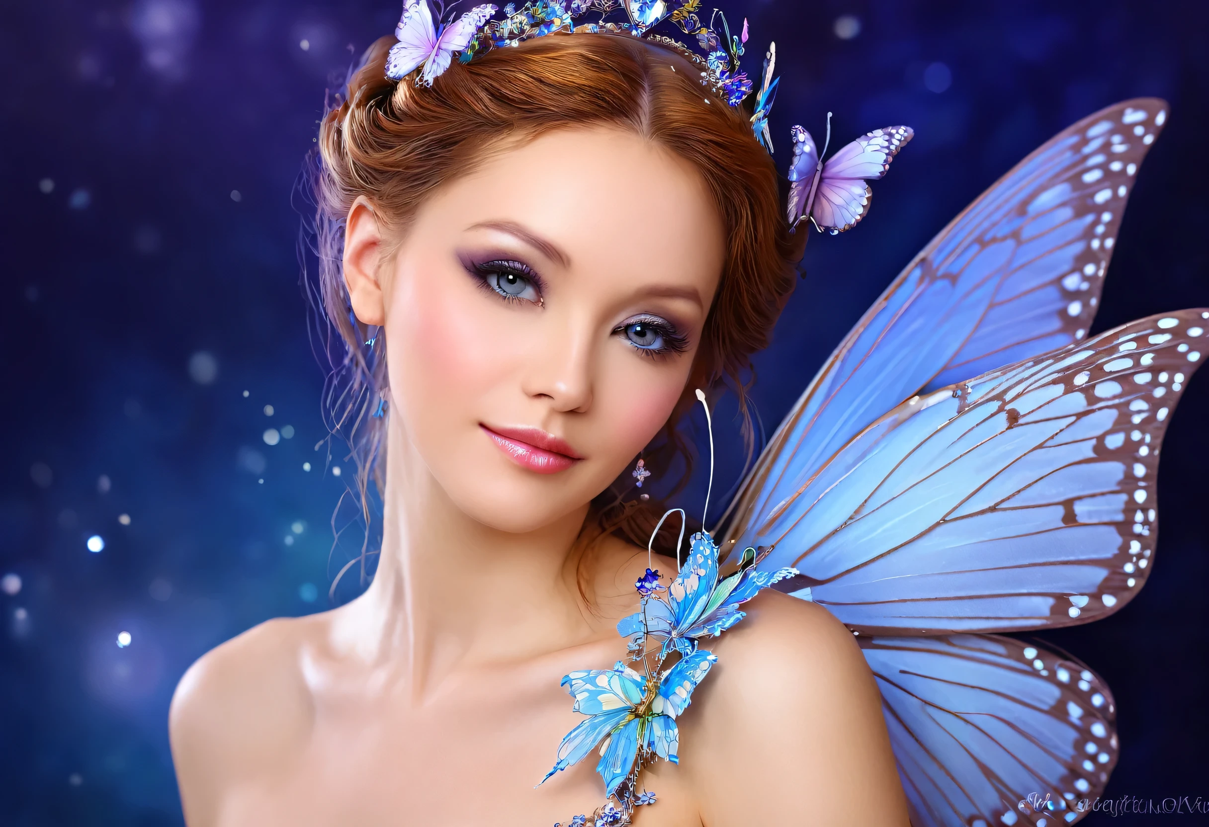 Close-up of a woman with a butterfly on her shoulder, Beautiful fairy, beautiful adult fairy, Beautiful fairy, beautiful adult Fairy Queen, Beautiful fairys, Fairy portrait, Star Fairy, Fairy portrait, Beautiful fantasy maiden, Fantasy Beautiful, Beautifully detailed fantasy, Fairy Queen, Wonderful like a fairy, Beautiful fairyの魔術師, Beautiful maiden, Heavenly Beauty
