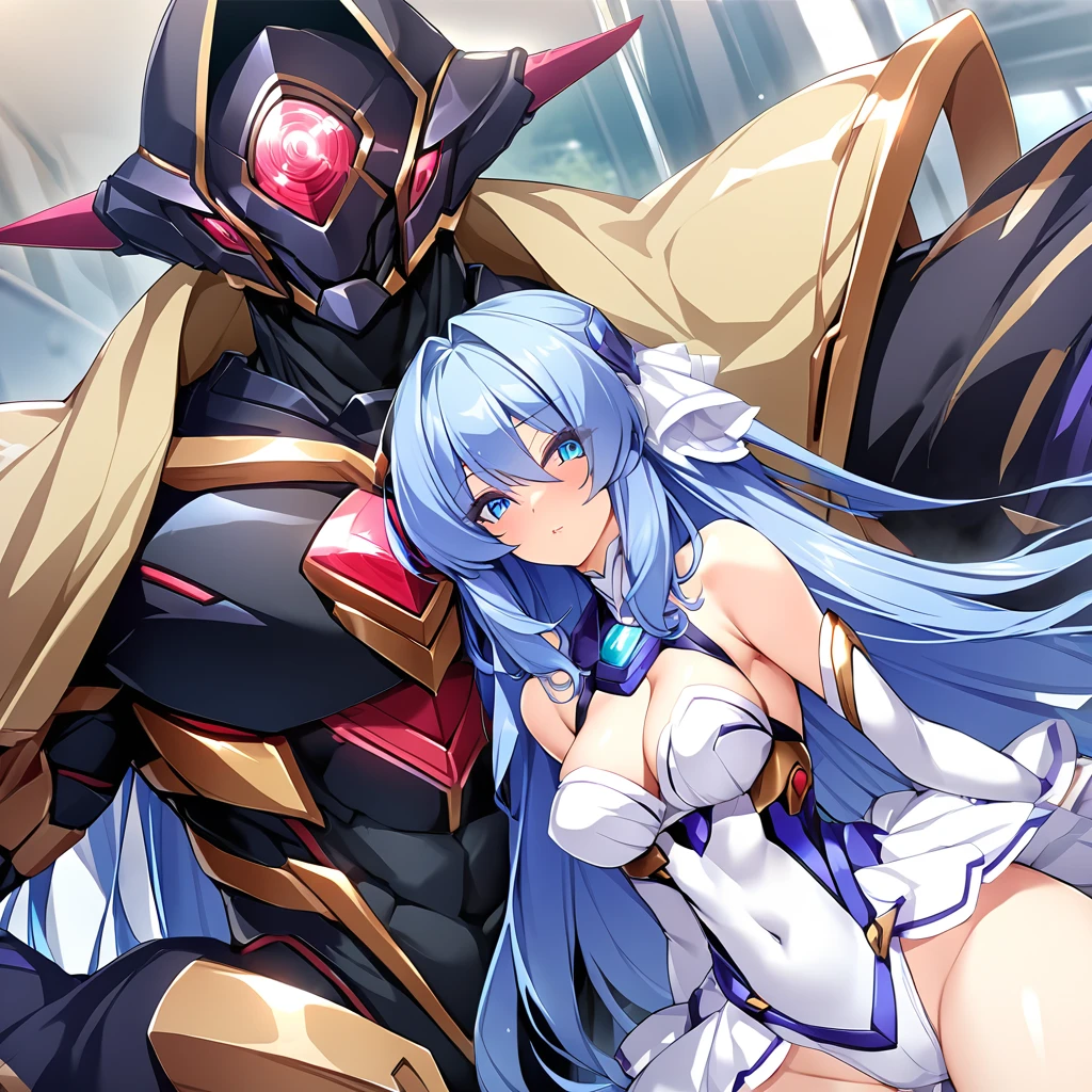 ((Highest quality)), ((masterpiece)), (detailed), （Perfect Face）、The woman is an Exstia, a transforming heroine with semi-long blue hair.、The man is the evil leader, Naioro, a handsome man with medium-long blonde hair and a black battle suit.、The man and the woman are close together