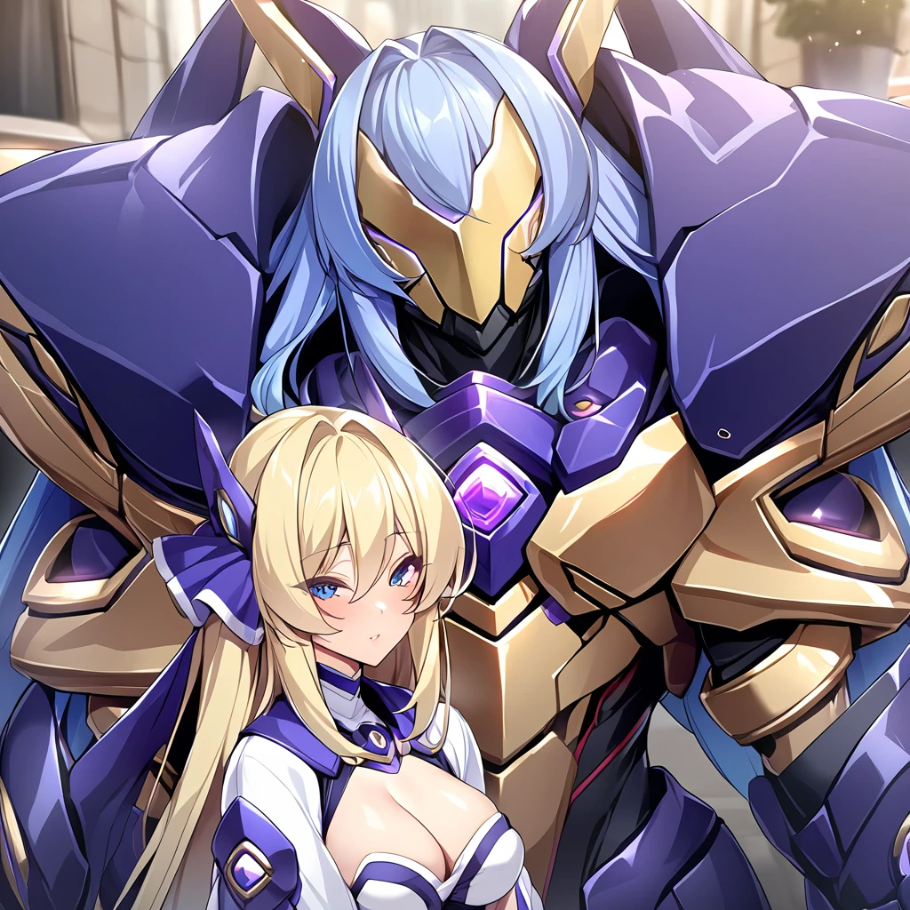 ((Highest quality)), ((masterpiece)), (detailed), (Perfect Face)、The woman is an Exstia, a transforming heroine with semi-long blue hair.、The man is the evil leader, Naioro, a handsome man with medium-long blonde hair and a black battle suit.、The man and the woman are close together