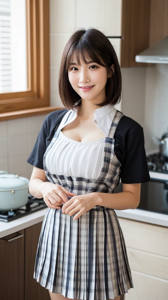 (Highest quality: 1.5), (Realistic: 1.5), (1 person: 1.5), Very detailed, High resolution, 8k,Natural color lips, Cute Smile, Japanese women, 20-year-old girl, Beautiful and elegant features, Perfect and beautiful face, Balanced big eyes, Beautiful and elegant features, Natural double eyelids, Natural Bangs, Beautiful thin nose, Beautiful Skin, Medium Bob Hair , Natural Bangs , Perfect and beautiful face, Slim face and figure, (Looking at the camera with a sweet smile), Bright lighting, Professional Lighting, Forward lighting, Beautiful feet: 1.2, Smooth Skin, Slender body, Slim waistline, slim thin thighs, Cleavage, Detailed clothing, (Short sleeve dress shirt:1.5), (Pleated skirt:1.5), Checkered Pleated Micro Mini Skirt, Short sleeve dress shirt, apron, Cleavage, Stand up and look here, Standing posture,膝まで見えるStanding posture, kitchen, Cooking, apron姿