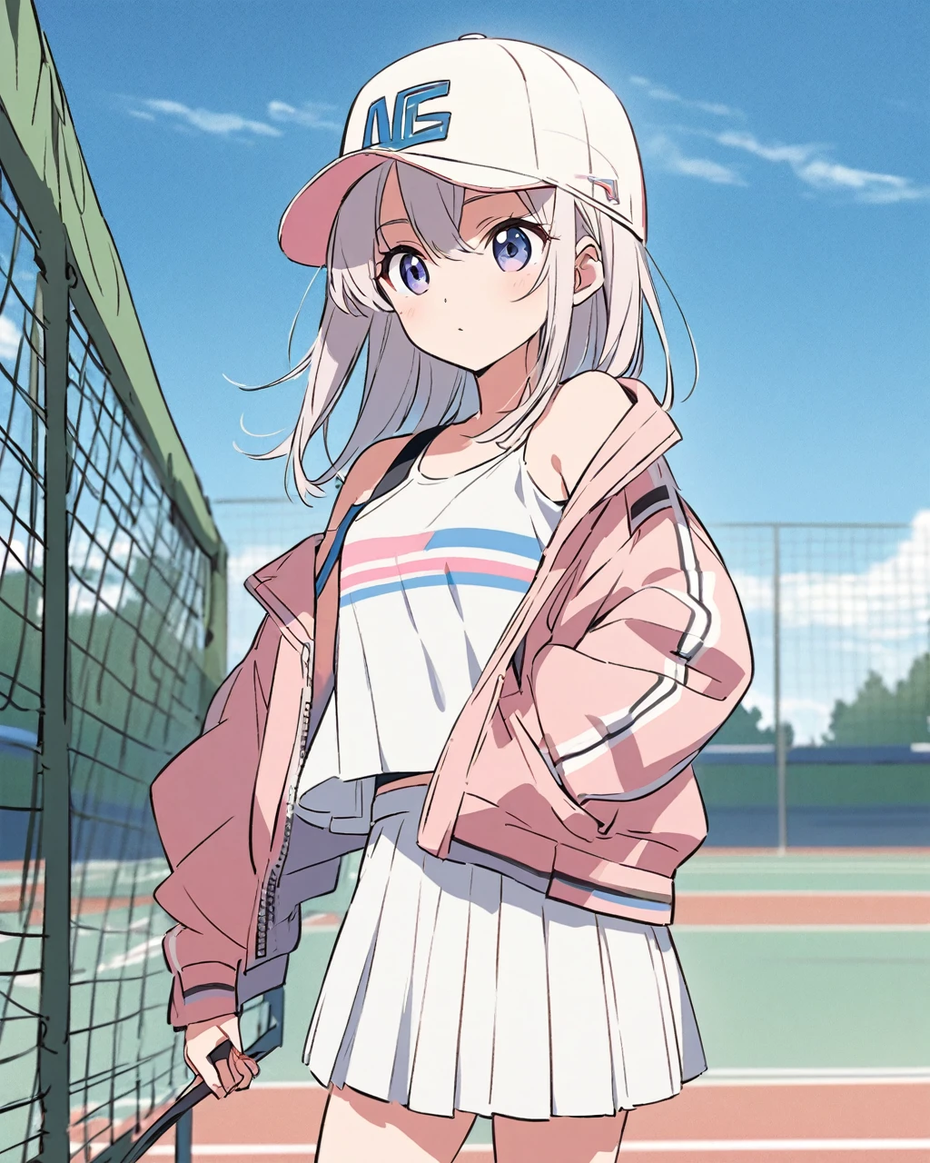 an anime-style illustration of A young boy stands on a tennis court. She is dressed in a sporty and fashionable outfit. She is wearing a white crop top paired with a white pleated skirt and a light pink bomber jacket, partially off her shoulder. She completes her look with a baseball cap. The setting is during the day with a clear sky, and the tennis net and court are visible in the background.