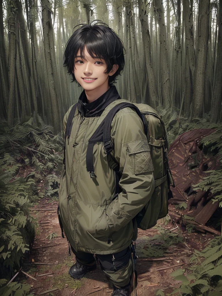 (((Masterpiece))), (high quality), one Japanese boy, 18 years old,(tall and thin,sleepy droopy eyes, long face, (thin cheeks:1.2),(black shaggy short hair,blank expression,smile:1.5),(khaki outdoor jacket,Olive cargo pants,Black trekking shoes,Black Rucksack,Full body portrait:1.5),(The background is the forest:1.5),(Collapsed in the woods:1.5)