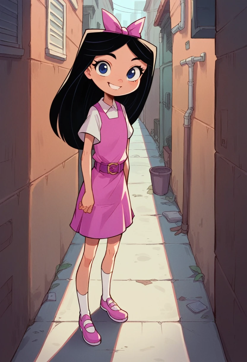 isabella, standing, looking at viewer, smile, pink tight dress, ribbon, black hair, white short sleeves, white socks, alley, pink shoes, belt, blue eyes, young