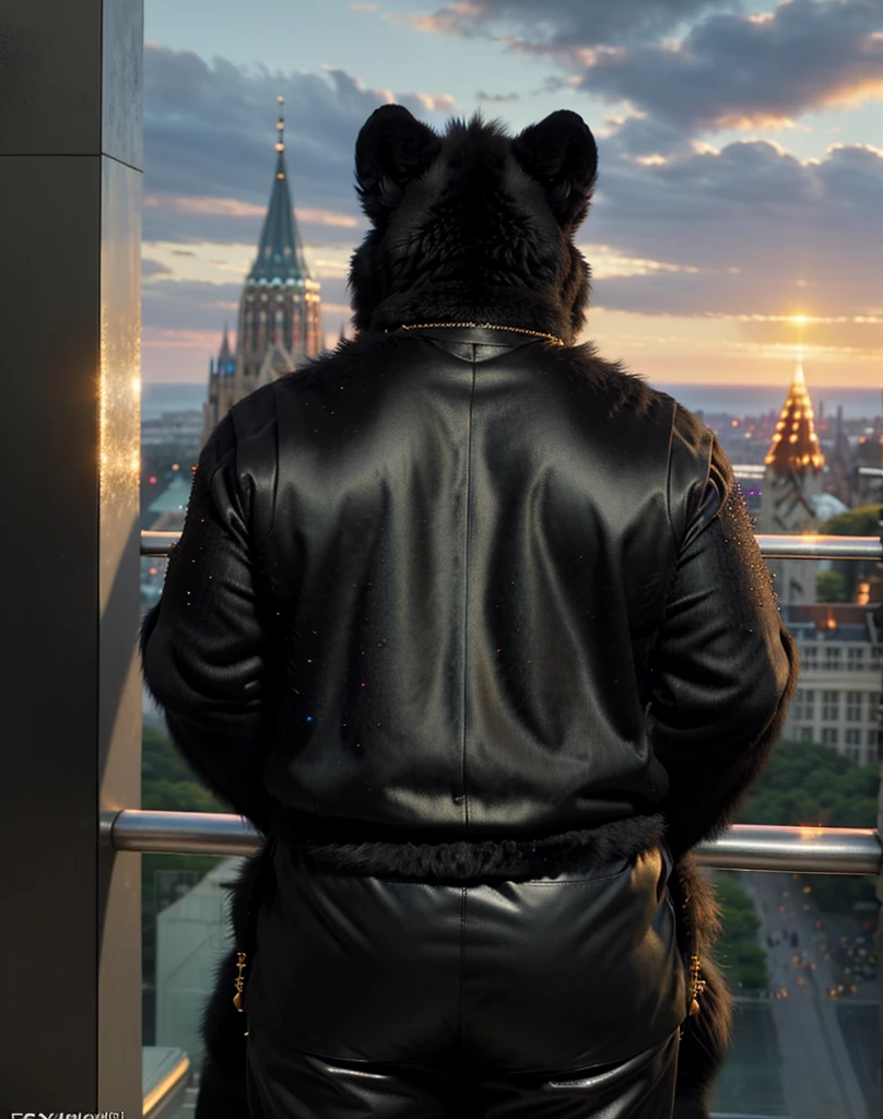 [🏃🏿‍♀️👩‍❤️‍💋‍👩], (absurd res), ((ultra high resolution)), (((beautiful quality))), (isometric view), (breathtaking painstakingly detailed background), (impressive lighting), (sunset clouds), (floating hearts), ((sparkles)), confetti, sunlight, ⫷|⫸ by foxovh, by sligarthetiger, by cumbread, by gammainks, by seibear, by lollipopcon, by dizzyknight, by greasymojo, by xpray, by roly, by personalami, by honovy, by thebigslick, by taran fiddler, by kenket, ⫷|⫸ jewelry, necklace, bracelet, colorful accessories, ear accessory, arm accessory, neck accessory, (leg accessory), ⫷|⫸ (fuzzy furry body:1.6), (detailed face), (tall body), tall ears, fur pattern, (raised tail), [slightly chubby anthro], (mature male:1.5), (dark black fur:1.7), (a black tiger), professional photoshoot, (laced clothing:1.6), (presenting hindquarters), huge ass, staff, cape, wand, black bottomwear, bottomless