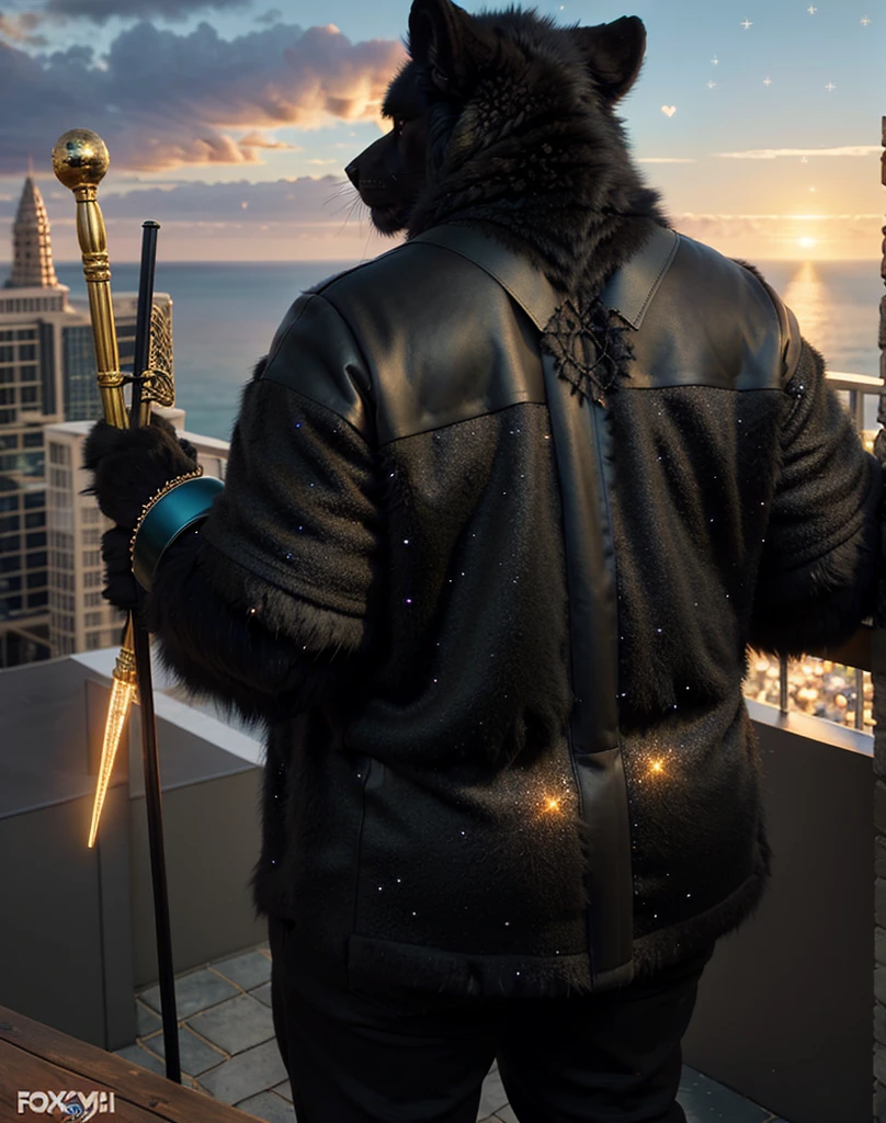 [🏃🏿‍♀️👩‍❤️‍💋‍👩], (absurd res), ((ultra high resolution)), (((beautiful quality))), (isometric view), (breathtaking painstakingly detailed background), (impressive lighting), (sunset clouds), (floating hearts), ((sparkles)), confetti, sunlight, ⫷|⫸ by foxovh, by sligarthetiger, by cumbread, by gammainks, by seibear, by lollipopcon, by dizzyknight, by greasymojo, by xpray, by roly, by personalami, by honovy, by thebigslick, by taran fiddler, by kenket, ⫷|⫸ jewelry, necklace, bracelet, colorful accessories, ear accessory, arm accessory, neck accessory, (leg accessory), ⫷|⫸ (fuzzy furry body:1.6), (detailed face), (tall body), tall ears, fur pattern, (raised tail), [slightly chubby anthro], (mature male:1.5), (dark black fur:1.7), (a black tiger), professional photoshoot, (laced clothing:1.6), (presenting hindquarters), huge ass, staff, cape, wand, black bottomwear, bottomless