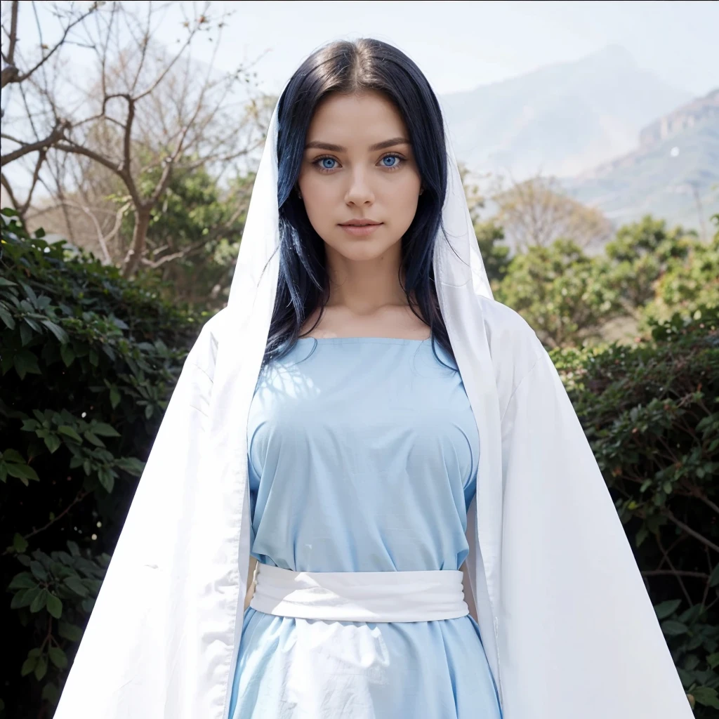 Very beautiful woman, light blue eyes, wearing a blue tunic with wide, long sleeves adjusted at the waist by an intertwined white sash.