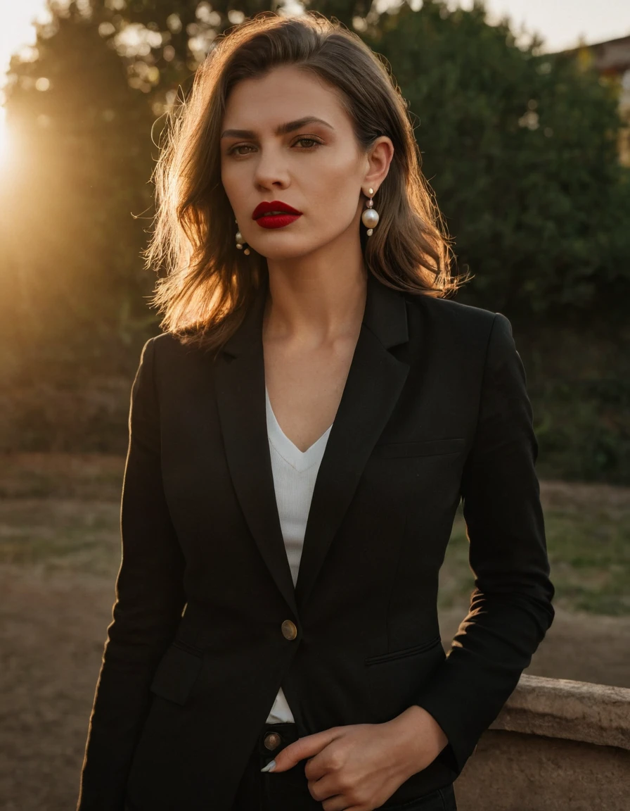 color digital photograph of Lucie Prochazka a woman from czech republic wearing (a black blazer), (a white t-shirt), (black skinny jeans), (black ankle boots), (pearl earrings), (red lipstick), and Slingbacks shoes shot on Nikon Z9 by Denis Karasev, 26 years old, slavic woman, pale skin, (long hair), tiny figure, small breasts, feeling (feeling Hate, Intense, Hostile, Aversion, Anger, Resentment, Disgust, Animosity, Hostility, Loathing, Malice, face: Scowl, Frown, Glare, Narrowed Eyes, Sneer, Lip Curl, Tense Jaw, Raised Eyebrows, Cold Stare, Contempt), at golden hour,full body, masterpiece, natural lighting, (outdoor setting:1.2), warm tones, side lighting, natural skin details, 4k, UHD, masterpiece, detailed eyes, detailed face, detailed skin, perfect hands, perfect feets, photo, high skin detail, moles, imperfect skin, ultra realism, RAW photo, subsurface scattering