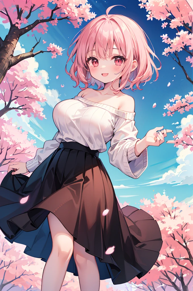 ((Masterpiece)),((high resolution)),((Best Quality)),Anime illustration,(((1girl))),,(wavy hair),(short hair),(pale pink hair color),small ponytail,Red eyes,(Big round eyes),((tareme)),15 years old,((loli face)),((very big breasts)),Short stature,,Off-the-shoulder sweater,(long maxi skirt),smile,Ladylike,cherry blossoms,