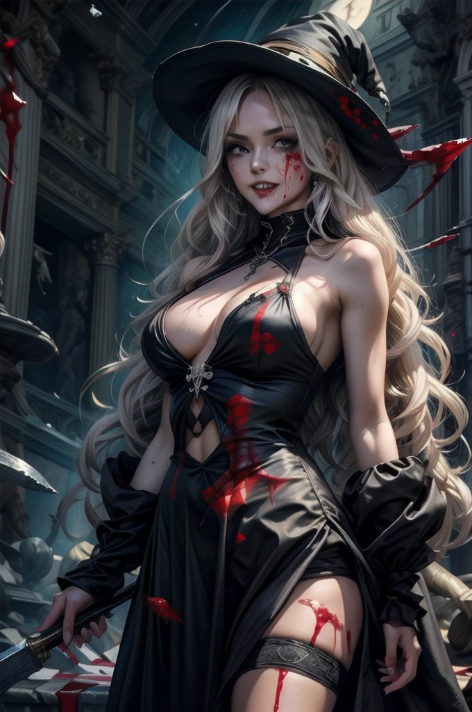 ,Multiple Girls,Frolicking Girl,Multiple women,tea ,Crazy Smile,Scythe Face,Girl Monster, slave,beautiful, Detailed portrait, Delicate facial features, Sharp Eye, Sharp Fangs, Pale skin, Thick chain, Dark Background, Cinema Lighting, Dramatic Shadows, Gothic style, Gloomy atmosphere, Dark fantasy, One Girl, , Please open your mouth wide, Open your mouth and baring your teeth,Sharp teeth like a beast, Wide lips, very wide mouth, Vermilion cheeks, ,(Blood splatter:1.6),Scary face, Laughter　Witch design, Twisted smile、Bloodstained、bleeding from the head,,、Blood splatter、,(Blood splatter:1.6),Crossbones, skull,　, Horror Style, ((Fantasy Witch Costume)), ((Flowing white hair)), ,(Blood splatter:1.6),Female curves, Large Breasts, Thick thighs, Sexy flat stomach, Perfect hands, Perfect anime face, ((dark lolita dress)), Are standing, ((Wicked Smile)), ,(Blood splatter:1.6),Victorian cities, gaslight, Steam circulates, Moonlight Illumination, night lighting, A sky filled with stars and galaxies,disaster々new devil horns,,(Blood splatter:1.6),アニメゾンビWitch design, Twisted smile、Bloodstained、bleeding from the head,,、Blood splatter、,(Blood splatter:1.6),Crossbones, skull,