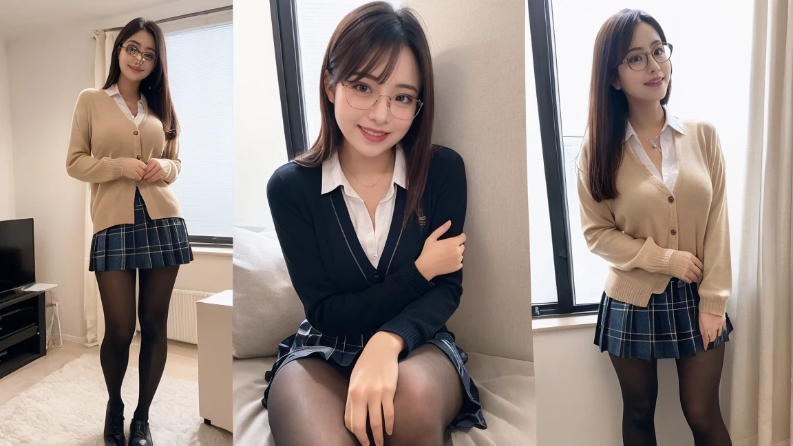 (((8k、High resolution、Highest quality、High resolution)))alone、Natural body shape、White skin、Natural Makeup、((Black Hair、bangs、Straight Long Hair))、(((Glasses)))、、(Sit with your knees hugged:1.4)、(())、(((((Full body photo)))))、(((Grinning at the camera))、(((Wear a uniform on the upper body)))、Bedroom、(((Of high school))) 、((white collared long sleeve blouse))、((Beige cardigan))、((Pleated skirt with dark blue plaid pattern、mini skirt、Ultra-realistic pantyhose))、、、Expressionless、((Exposing thighs))