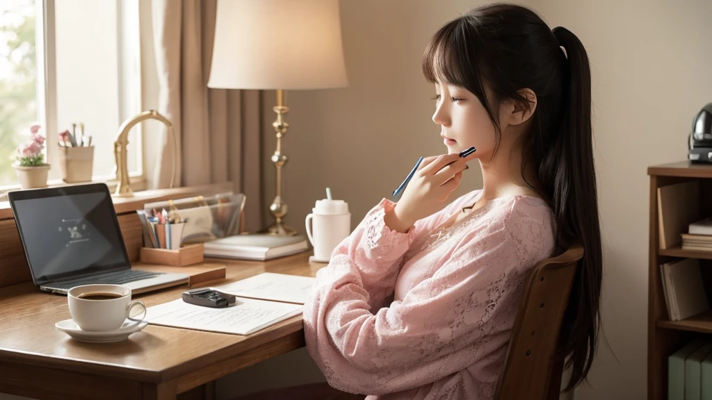 Ghibli-style image, very pretty and innocent female college student, long black hair, sitting at desk, listening to music with earphones, holding pencil in right hand, left hand resting on chin, studying, midnight, soft stand lighting, generally dark background, Cute props, a window with a view of the stars, curtains, a pink pajama with cute lace that slightly exposes the shoulders, a kitten sleeping on a very pretty bed, a steaming coffee cup next to the desk, please create an image.