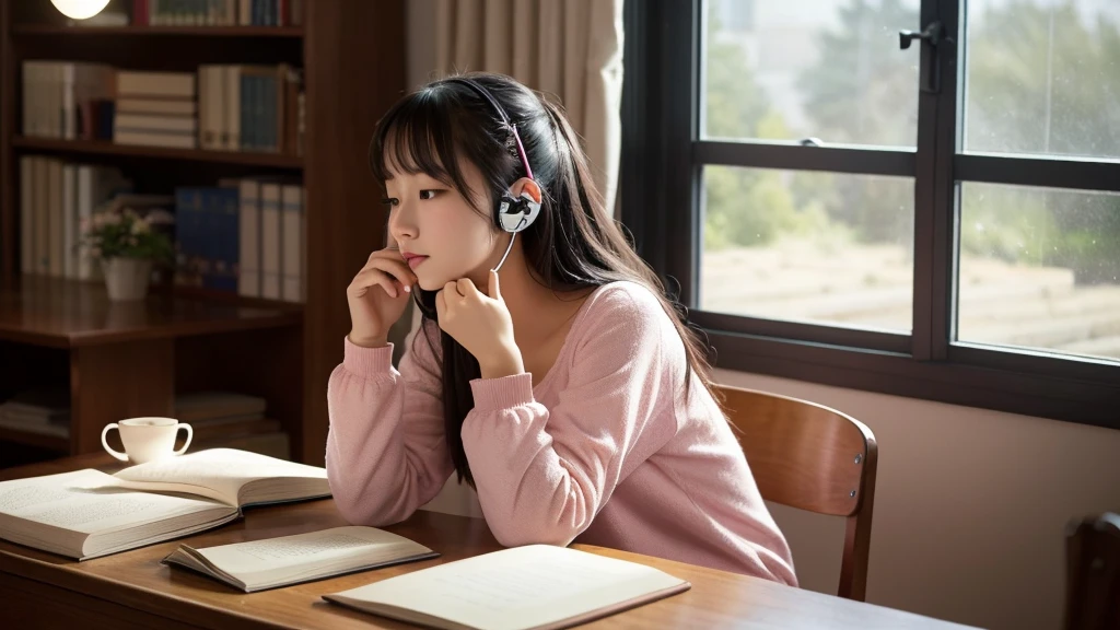 Ghibli-style image, very pretty and innocent female college student, long black hair, sitting at desk, listening to music with earphones, holding pencil in right hand, left hand resting on chin, studying, midnight, soft stand lighting, generally dark background, Cute props, a window with a view of the stars, curtains, a pink pajama with cute lace that slightly exposes the shoulders, a kitten sleeping on a very pretty bed, a steaming coffee cup next to the desk, please create an image.
