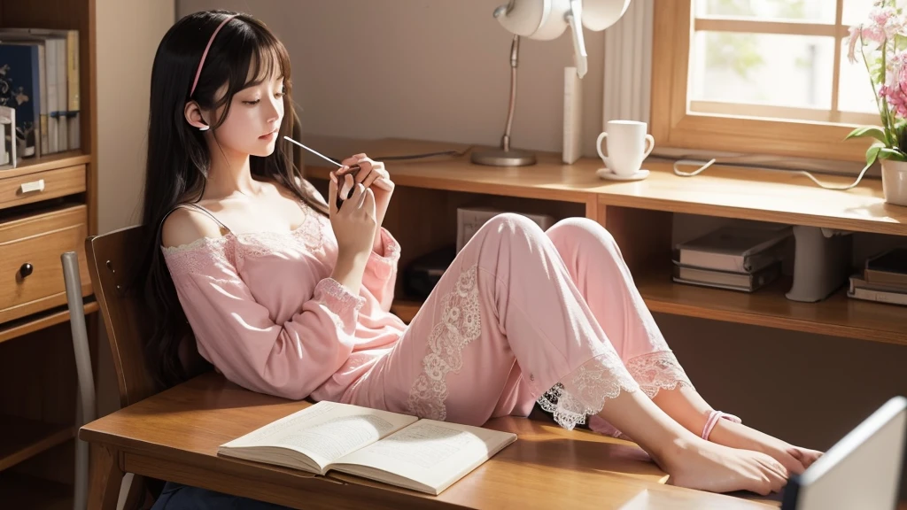 Ghibli-style image, very pretty and innocent female college student, long black hair, sitting at desk, listening to music with earphones, holding pencil in right hand, left hand resting on chin, studying, midnight, soft stand lighting, generally dark background, Cute props, a window with a view of the stars, curtains, a pink pajama with cute lace that slightly exposes the shoulders, a kitten sleeping on a very pretty bed, a steaming coffee cup next to the desk, please create an image.